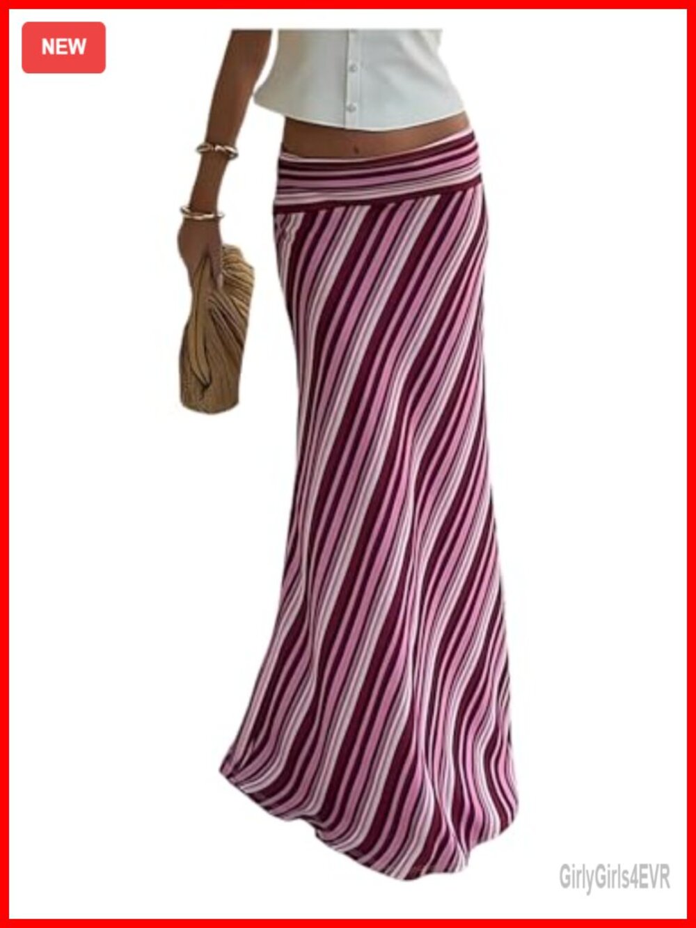 Striped Boho Ruffle Hem Maxi Skirt Low Rise Polyester Blend
